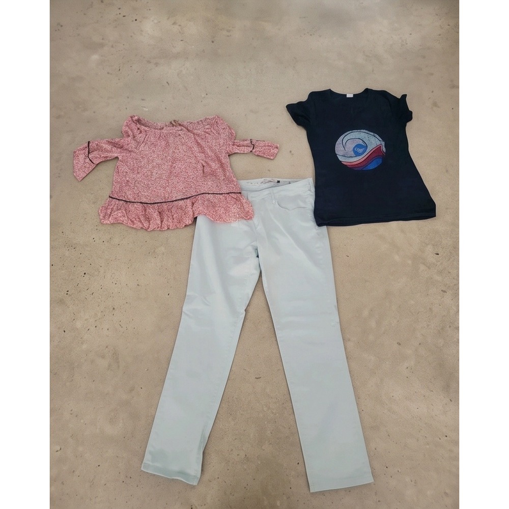 Roxy Democracy Christopher Blueโ Lot of 3 Women Top Pants Large 10 12 Blue Pink